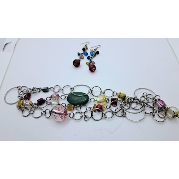 Women's Nautical Bead Necklace & Earrings Multicolor & Silver Tone Pink Green - Picture 5 of 5